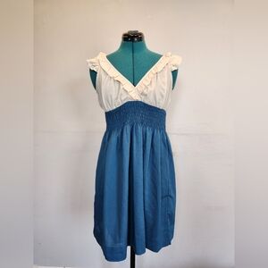 Cute and classy teal blue and ivory cream ruffle dress